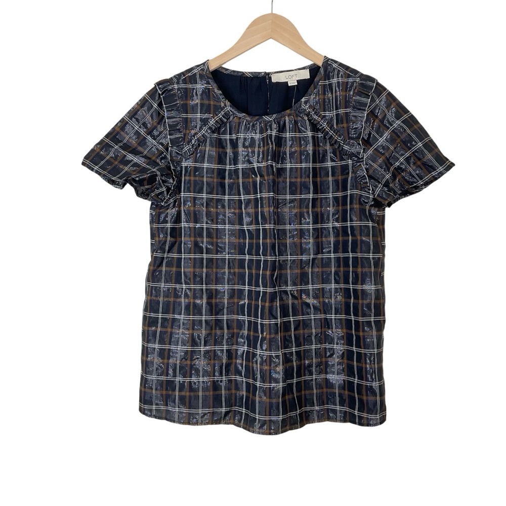 Ann Taylor Loft Navy Plaid Shimmer Top Size Small